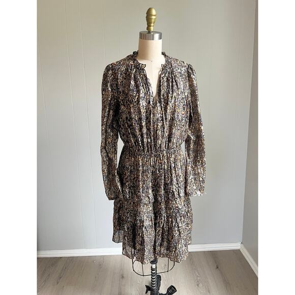 ba&sh Glen Metallic Long Sleeved Mini Dress 6 Tiered Skirt‎ Frilly Boho Glam
